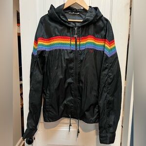 Vintage OP Ocean Pacific Black Rainbow Windbreaker Hooded Jacket Womens Large